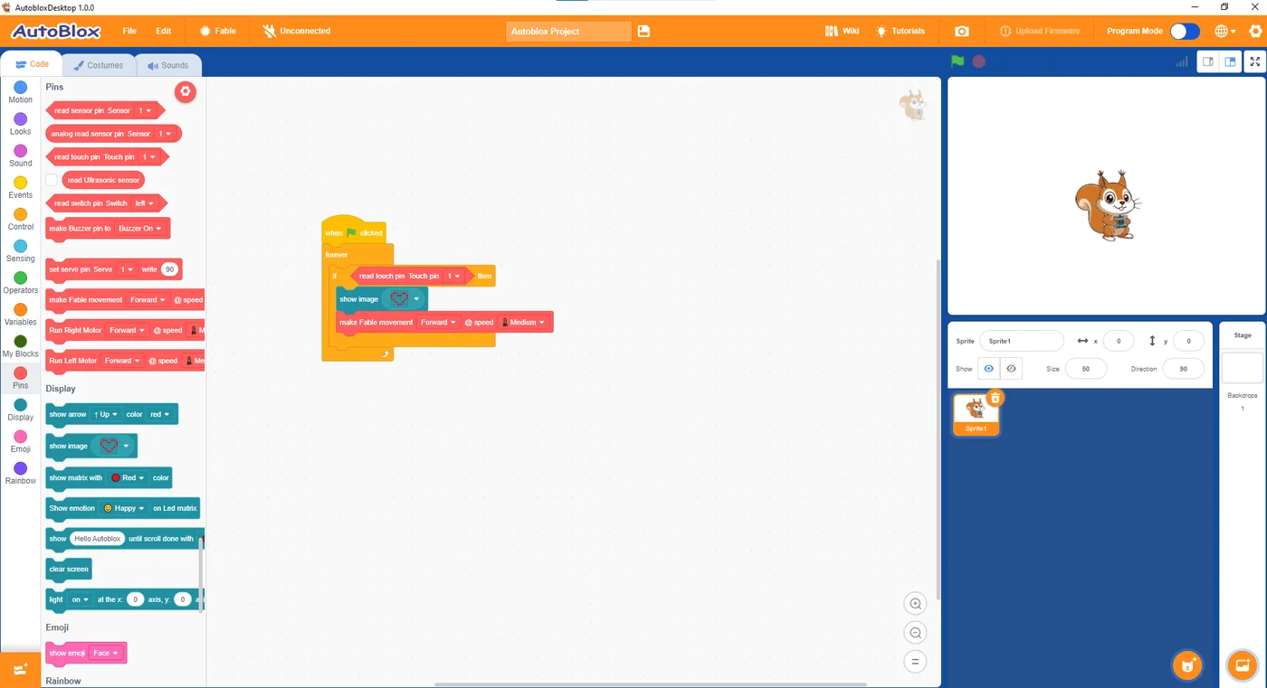 AutoBlox screen with robot blocks and a program that reads a touch pin and moves the robot