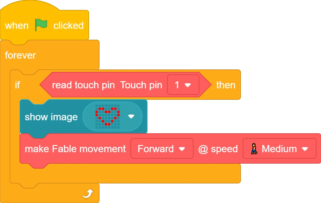 AutoBlox program: when flag clicked, forever, if touch pin 1 is pressed then show heart image and move the robot forward at medium speed