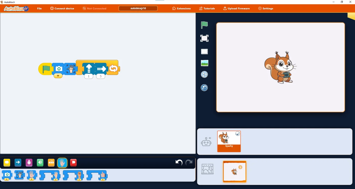 AutoBlox Jr screen with picture blocks for camera, hand gesture, move and repeat