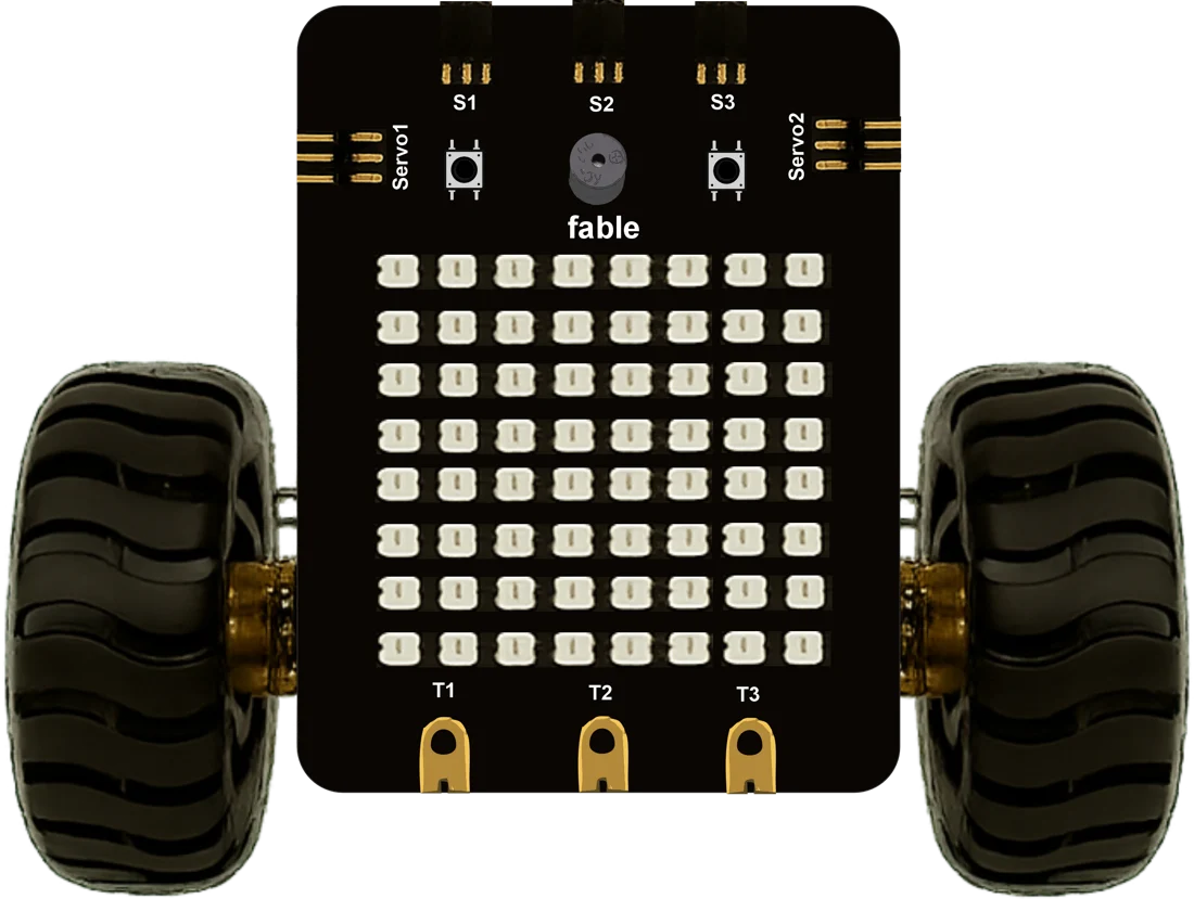 The Fable robot: a black board with an 8 by 8 LED matrix, buzzer, two buttons, three touch pads, sensor and servo ports, mounted on two wheels